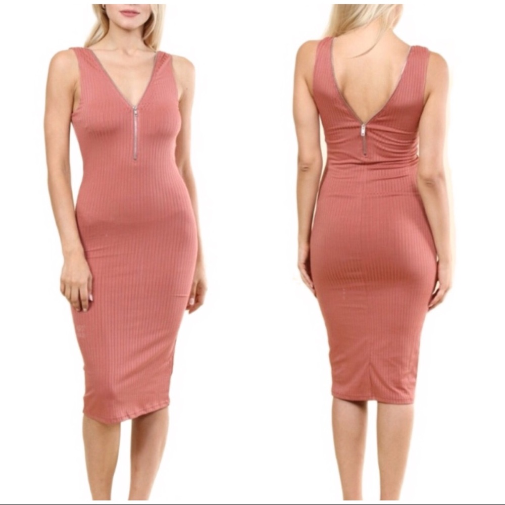Rib Knit Bodycon Zipper Midi Dress